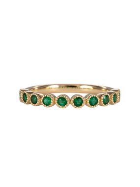 Natural Round Zambian Emerald Band in Solid 14K Yellow Gold with Milgrain Design